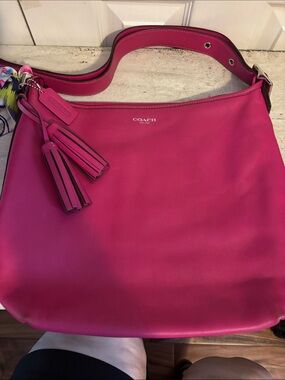COACH Fuchsia Leather Shoulder Hobo with Tassels & Matching Scraf